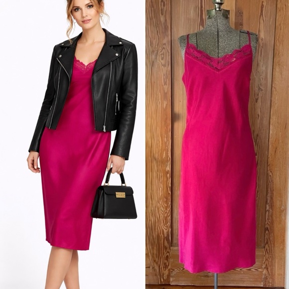 ECI Dresses & Skirts - ECI New York 100% Silk Magenta Pink Lace Slip Dress - Sz 8 💚🎀
